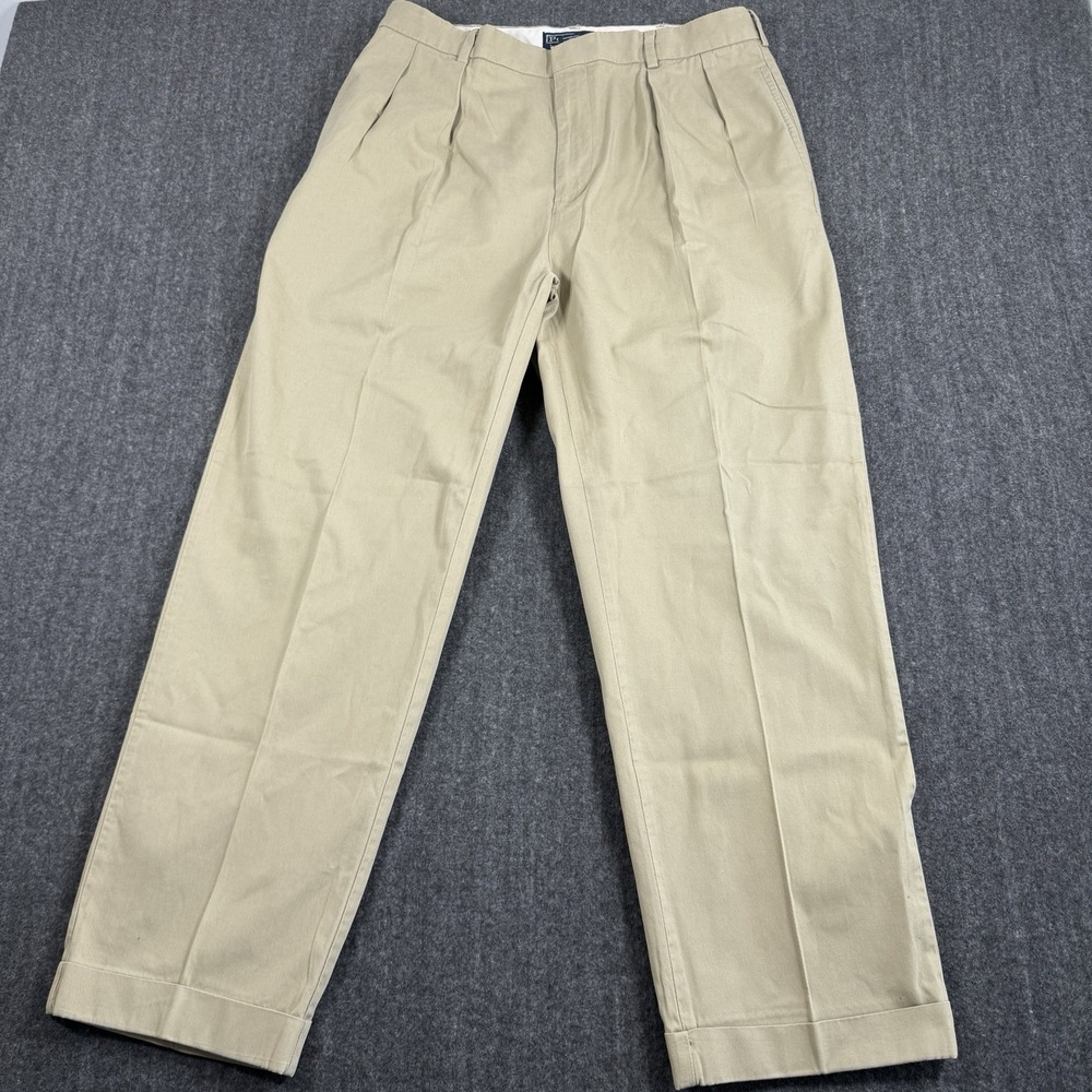 Polo Ralph Lauren Mens 35x30 Khaki Chino Pants Pleated Front 100% Cotton